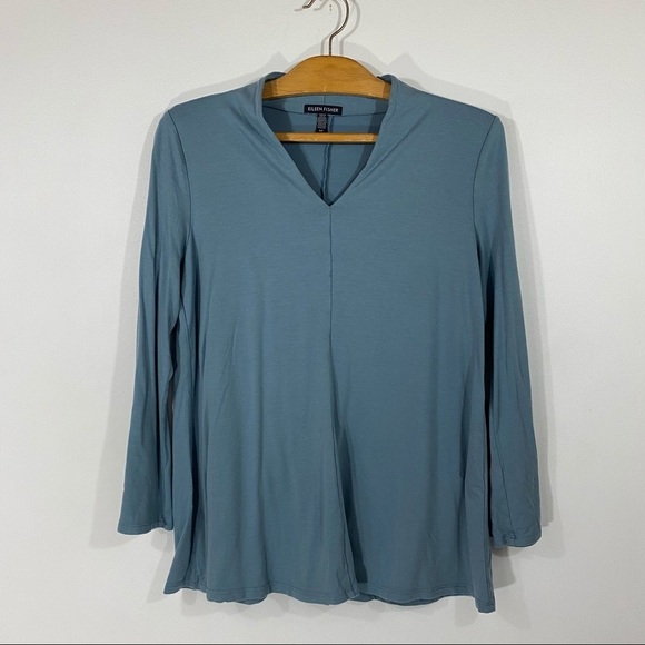 Eileen Fisher Tencel and Lyocell Blue V Neck Long Sleeve Top - Picture 1 of 8